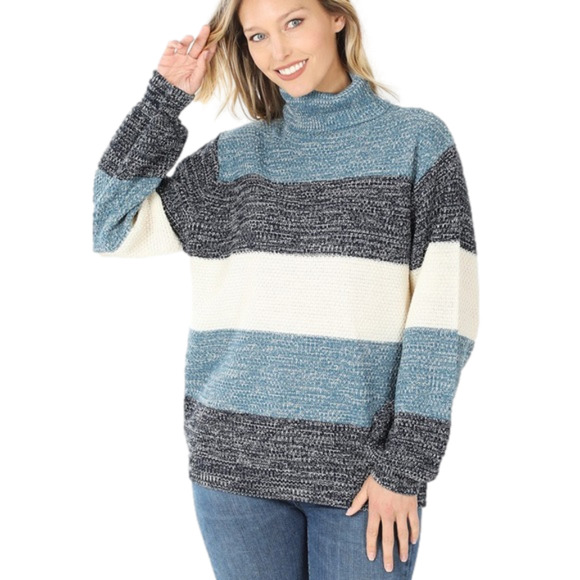 NWOT Color Block Cable Knit Turtle Neck Sweater‎ Blue/White size Large - Picture 1 of 5